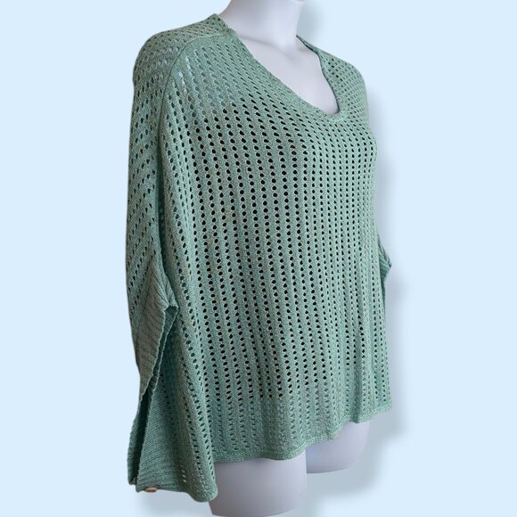 Big Buddha Green-Blue Metallic Open Knit Poncho Sweater - Picture 2 of 8